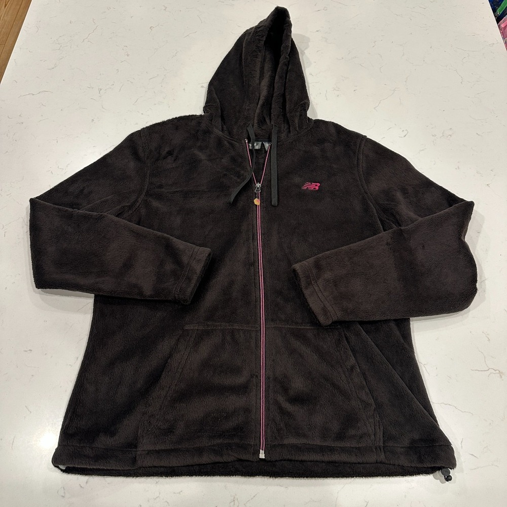 New Balance Womens L Plush Fleece Jacket Full Zip Hooded Black Pink Fuzzy L41C